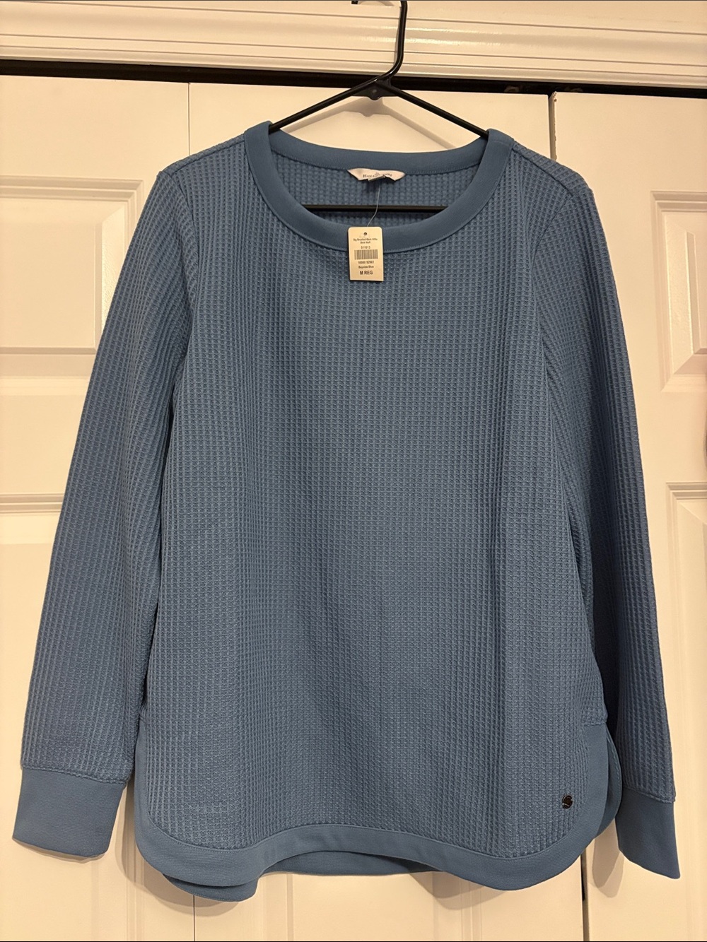 NWT LL Bean Thermal Womens Size M Brushed Back Waffle Boatneck Top Blue Casual